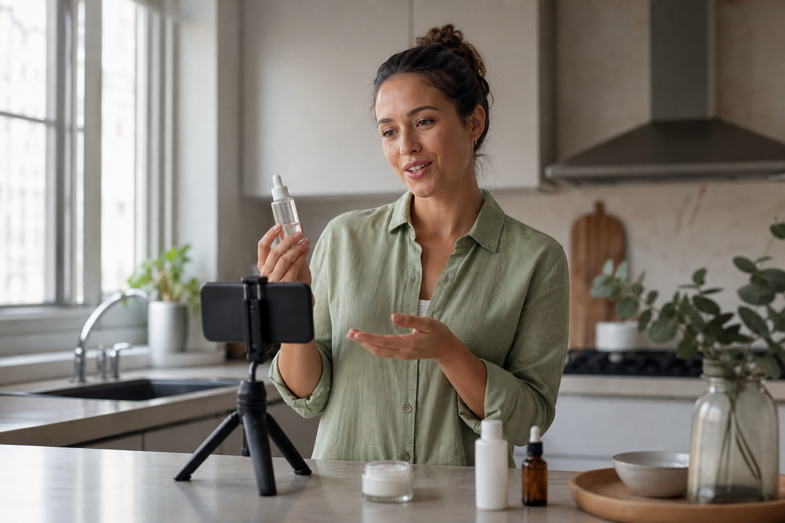 UGC ads creator filming an authority-hook product video on a phone tripod