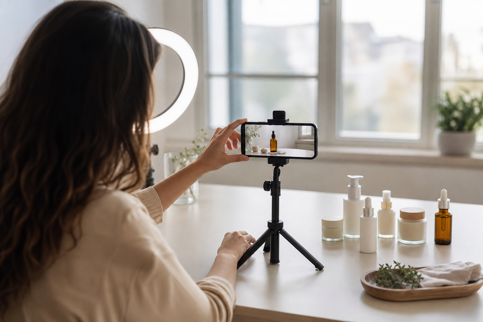UGC creator filming a product on a phone tripod to build a portfolio for platforms