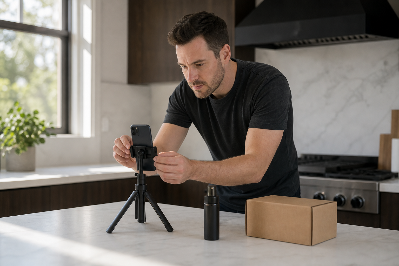 UGC creator filming a shipped product on a phone tripod at home