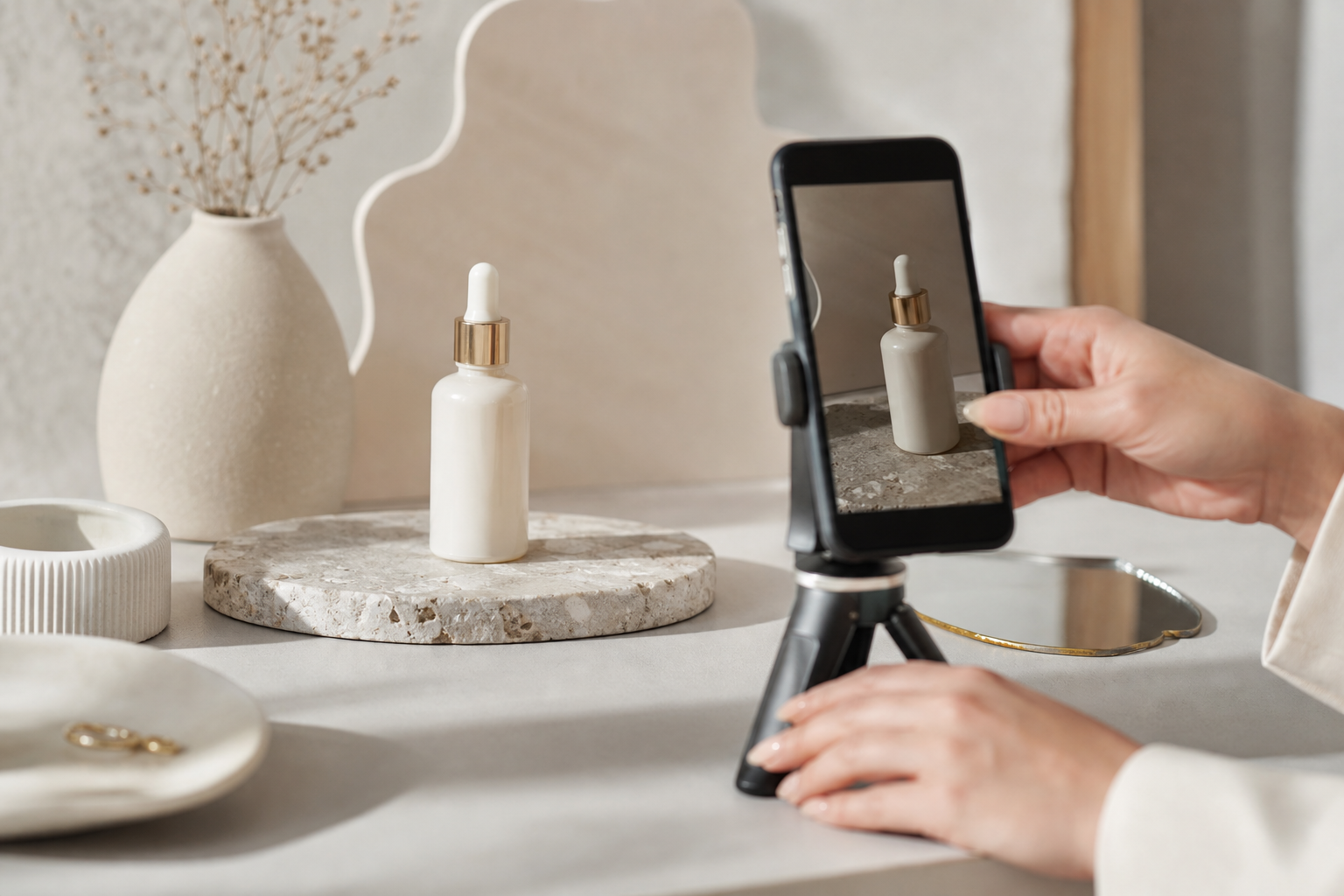 Faceless UGC creator filming a skincare product on a phone tripod showing only her hands