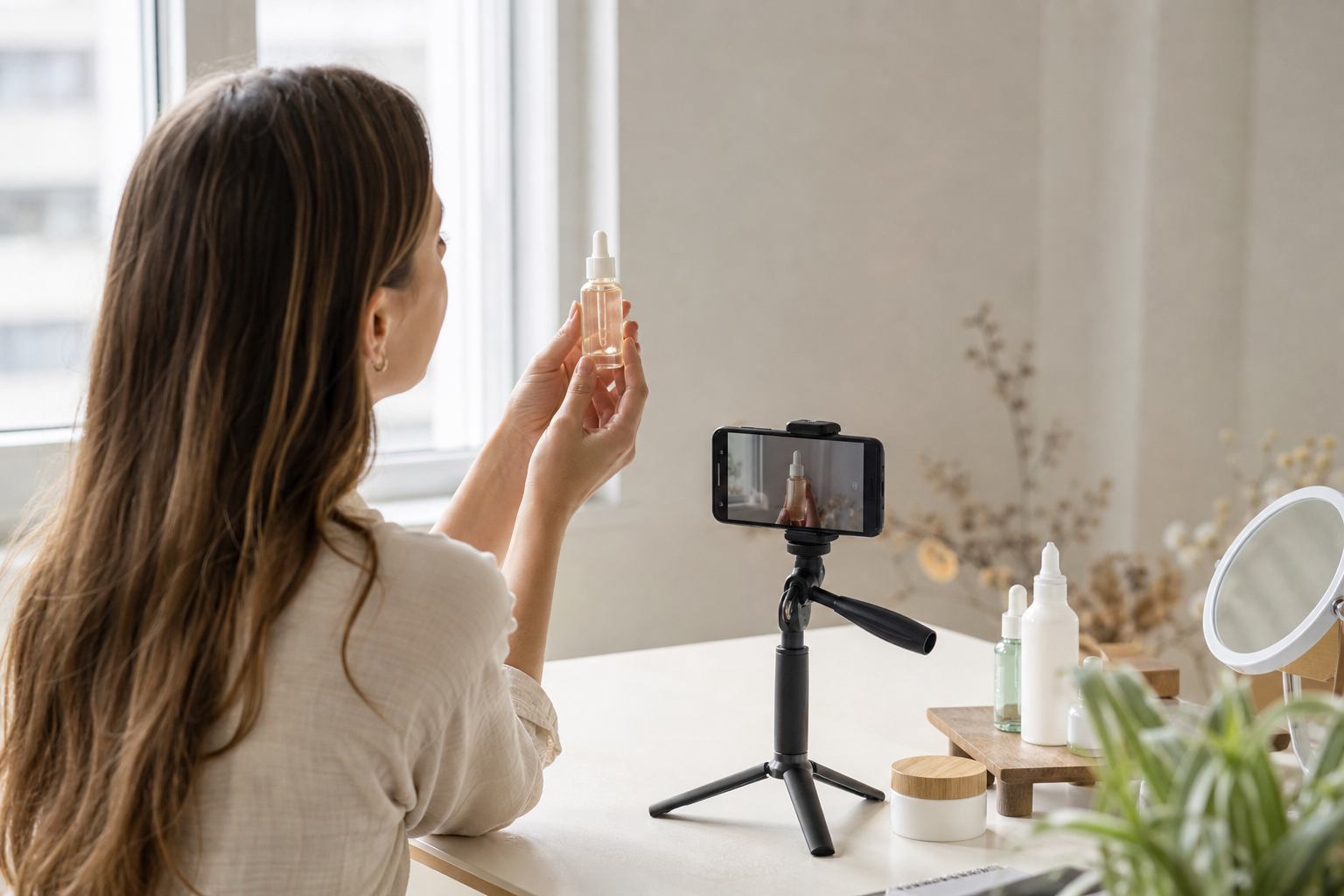 UGC creator filming a product sample video on a phone tripod in natural light