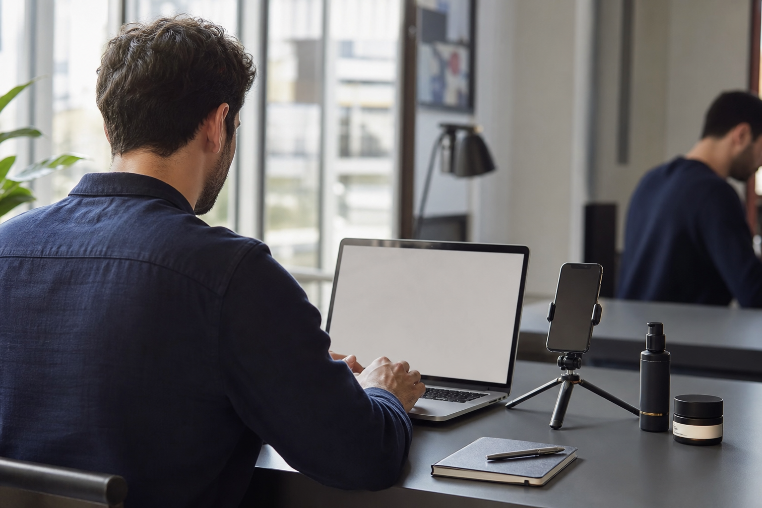 UGC creator sending brand pitches from a laptop with a phone tripod beside him