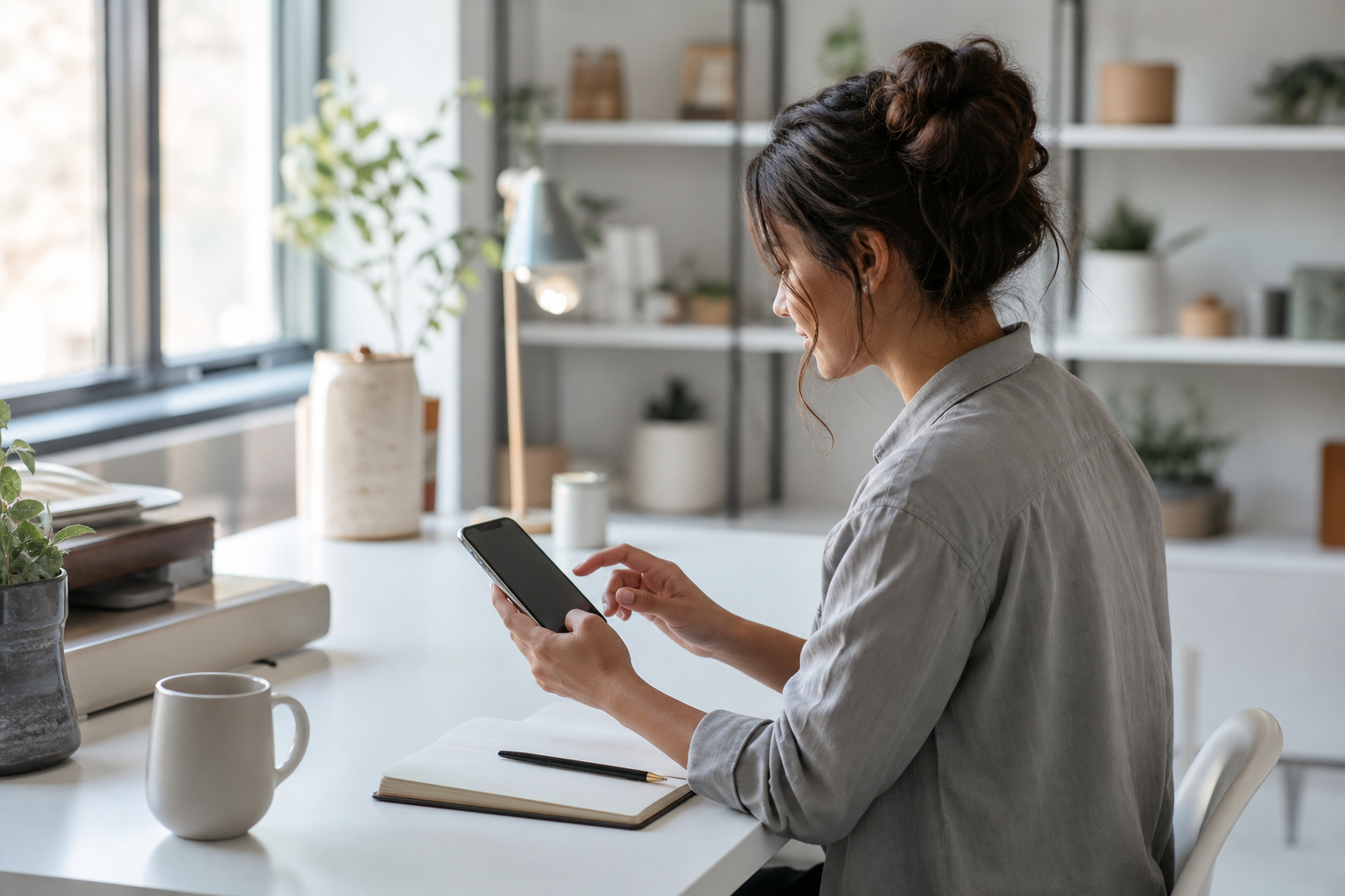 Beginner UGC creator setting up a dedicated account on her phone at a sunny desk