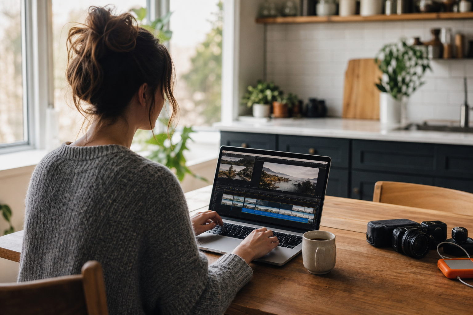 Aspiring UGC creator editing her first videos on a laptop at home