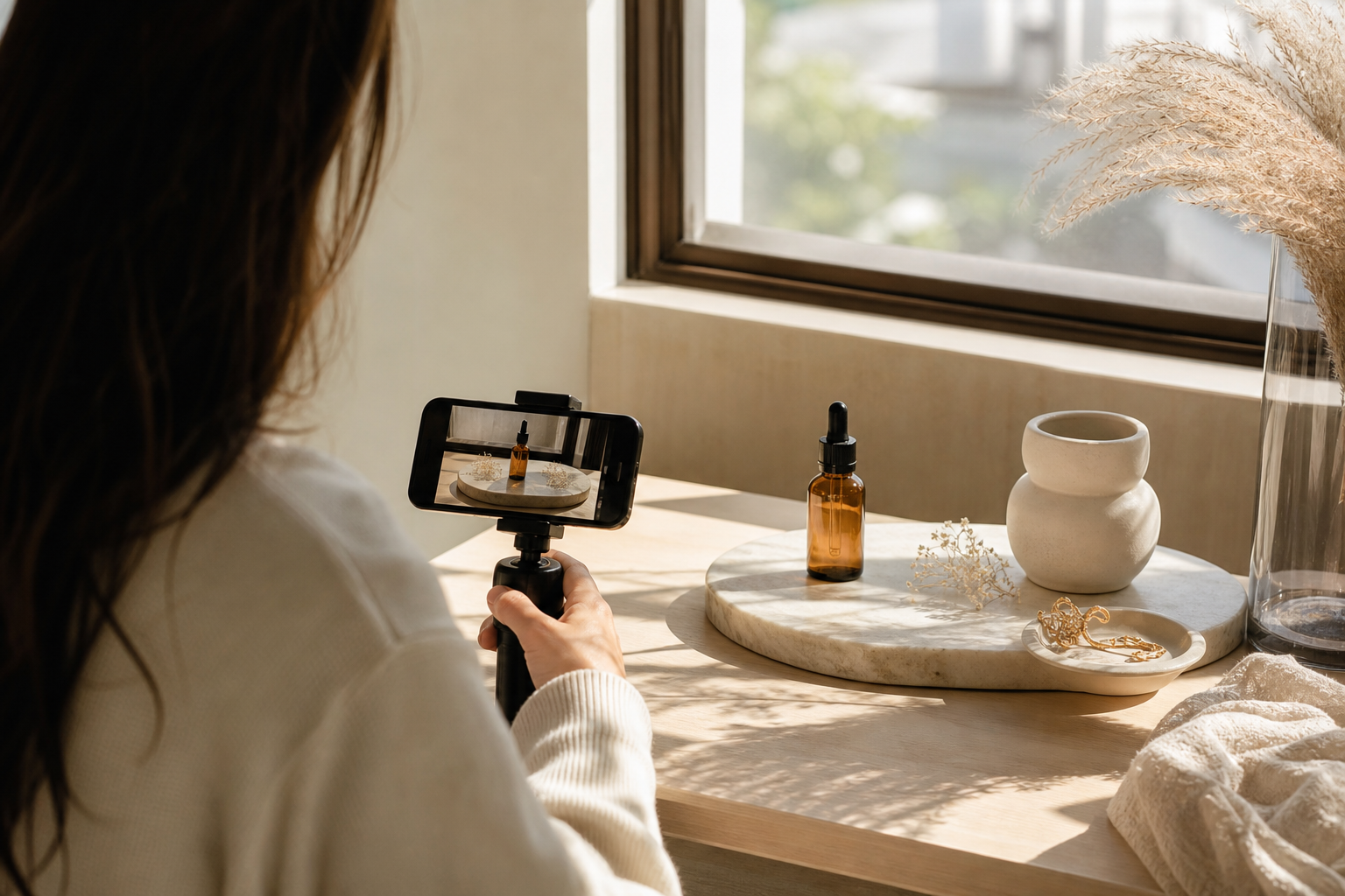 UGC creator filming a product sample video in natural light for her portfolio