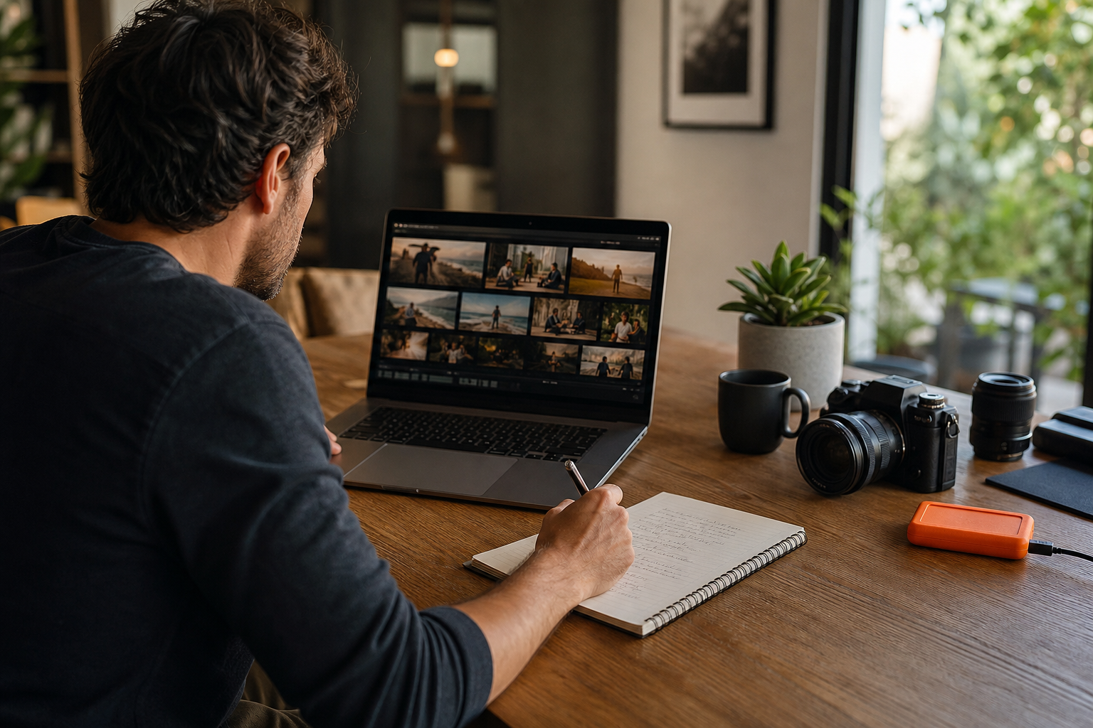 UGC creator reviewing footage and pricing notes at a laptop