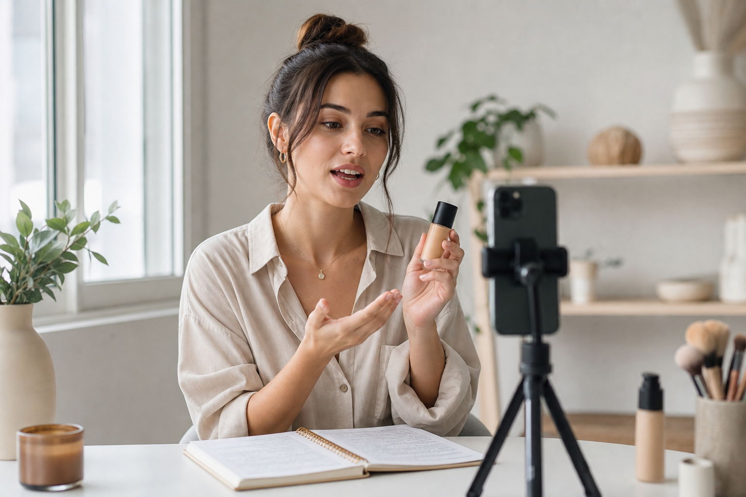 UGC creator filming a product review from a script on a phone tripod