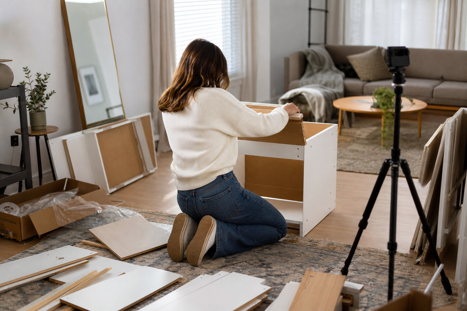UGC creator filming an unboxing and product assembly at home