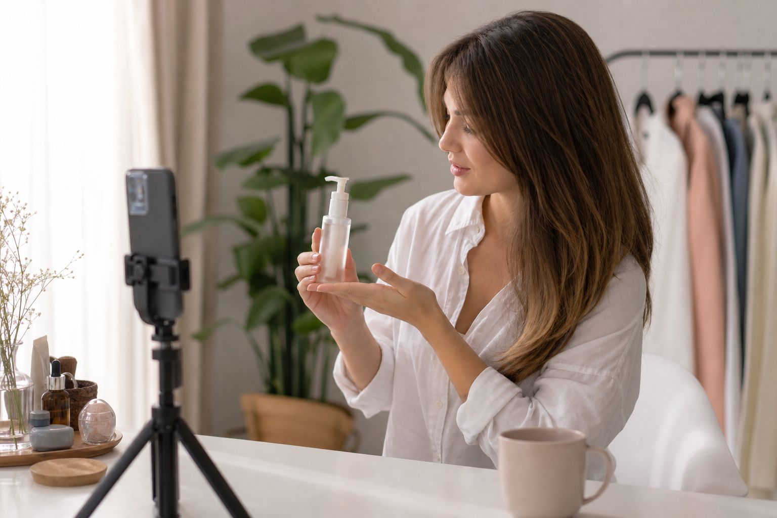 UGC creator filming a product review on a phone tripod at a bright home desk