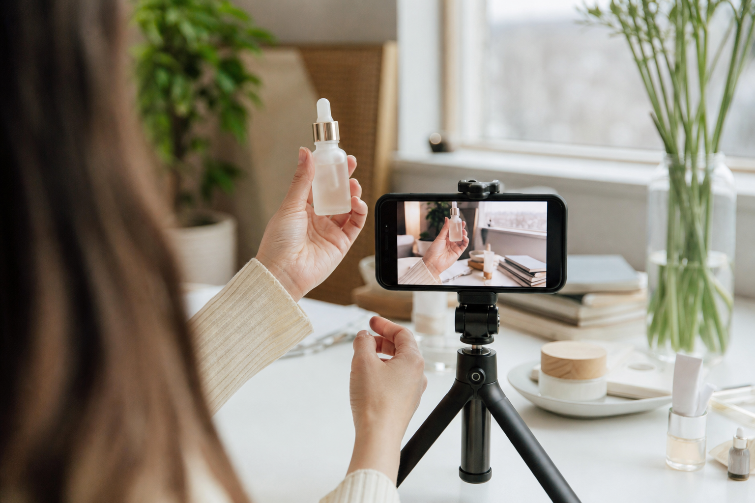 UGC creator filming a product on a phone tripod in natural light