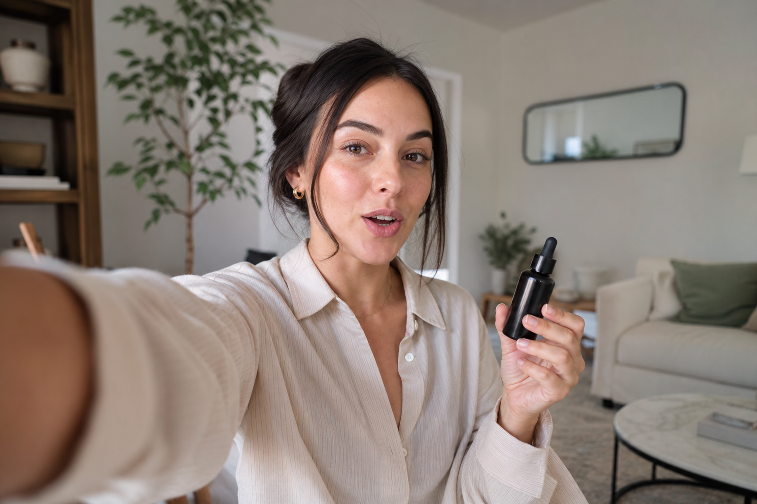 UGC video creator filming an opening hook on a phone in natural light
