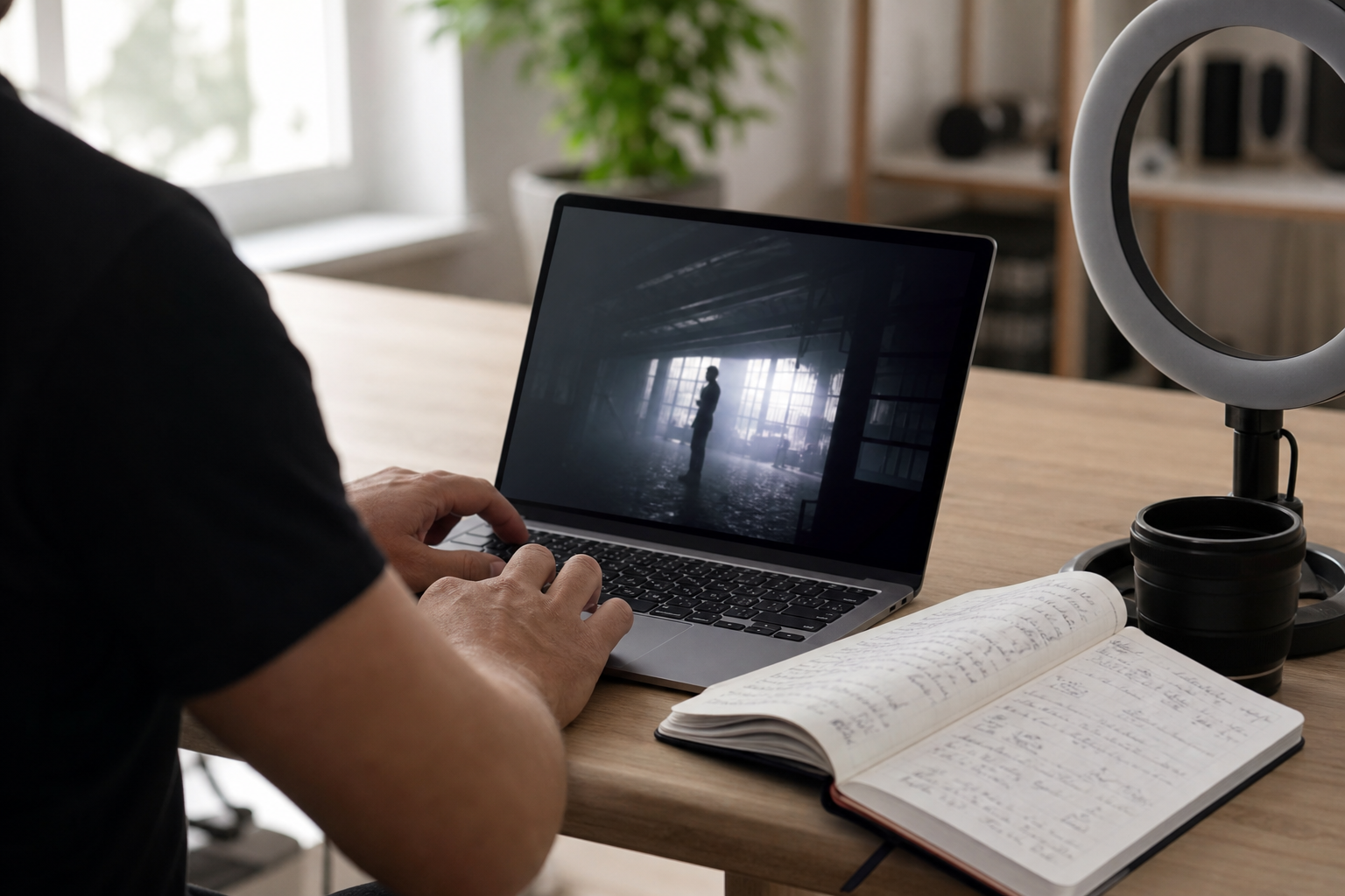 Creator reviewing a UGC script for conversion at a bright home desk
