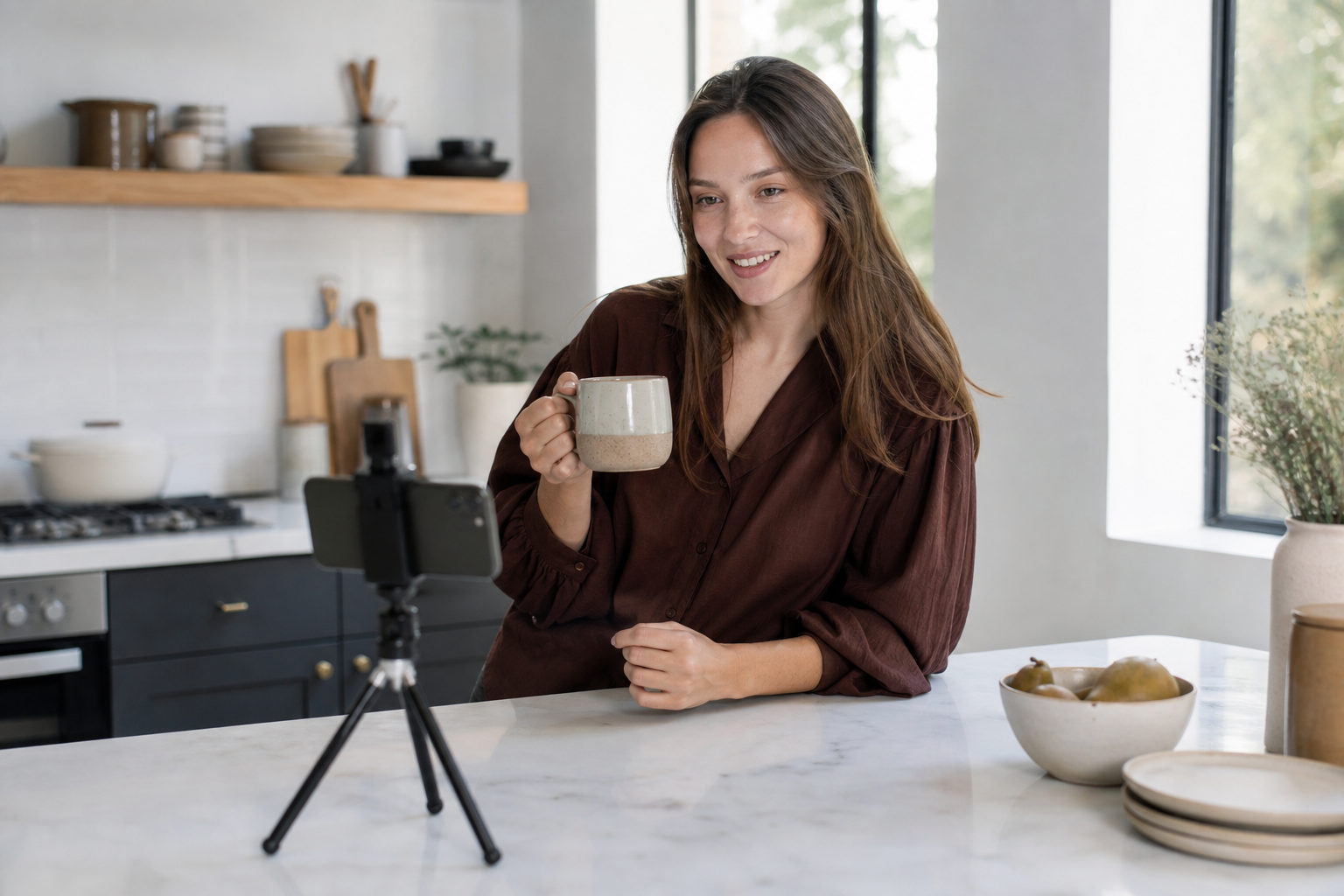 UGC creator filming a product sample video on a phone tripod with natural light