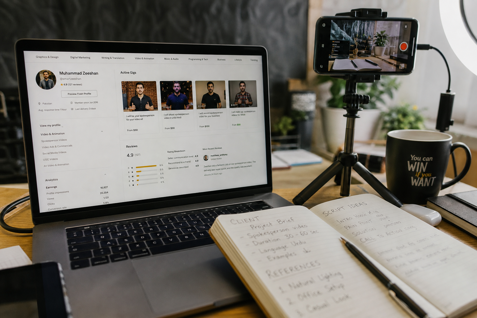 UGC creator managing gigs and client relationships on a marketplace dashboard