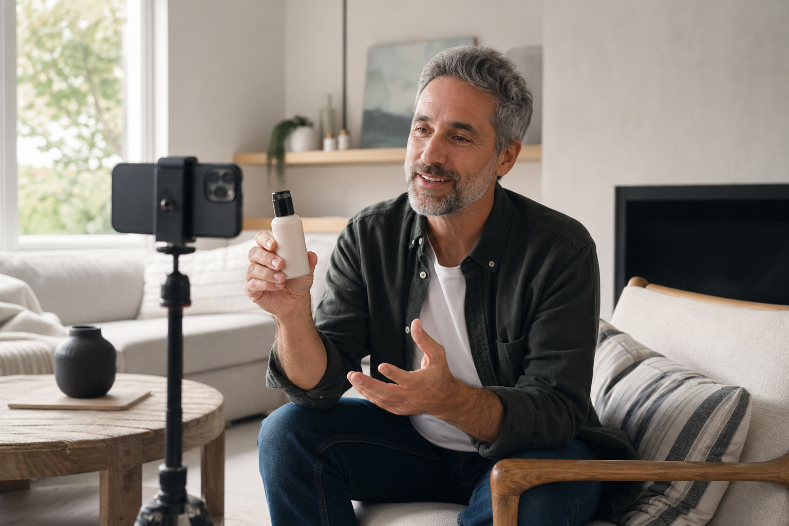 UGC content creator filming a product review on a phone tripod at home
