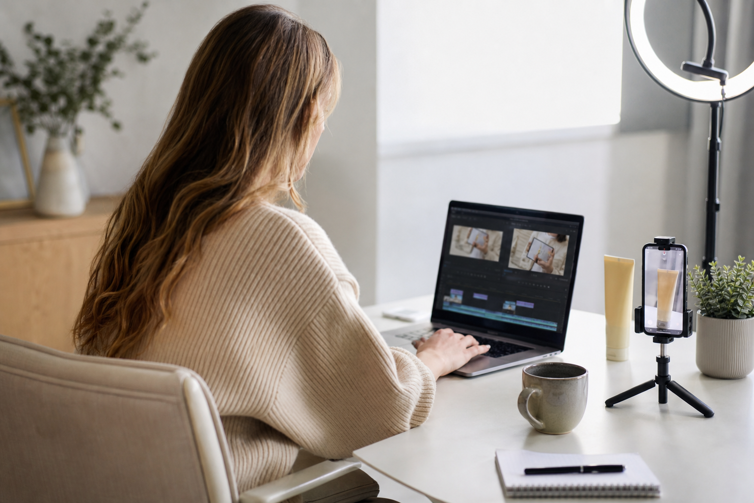 UGC creator editing video clips and setting up a searchable creator account