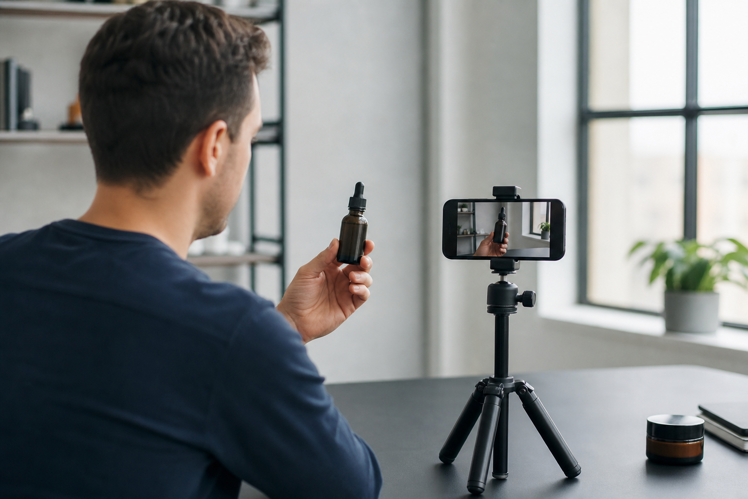 UGC creator filming a product sample video on a phone tripod for an Upwork job