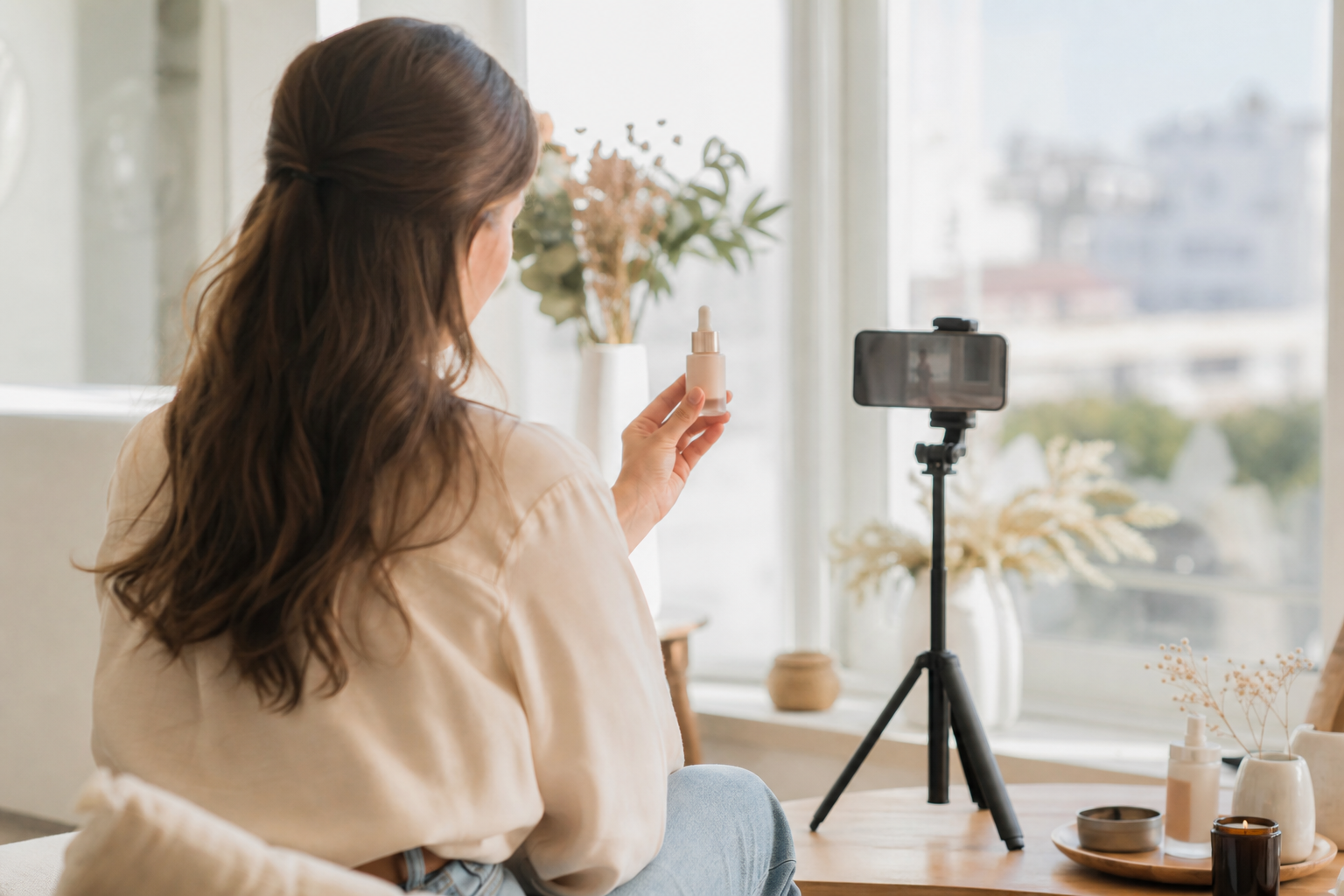 Beginner UGC creator filming a product on a phone tripod at home