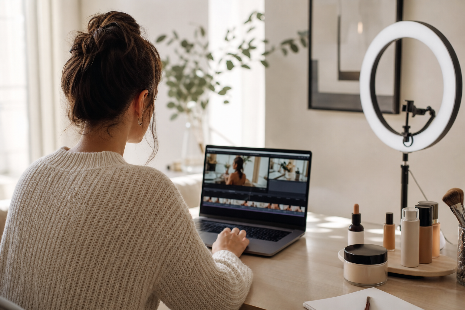 UGC creator editing brand content on a laptop at a home desk