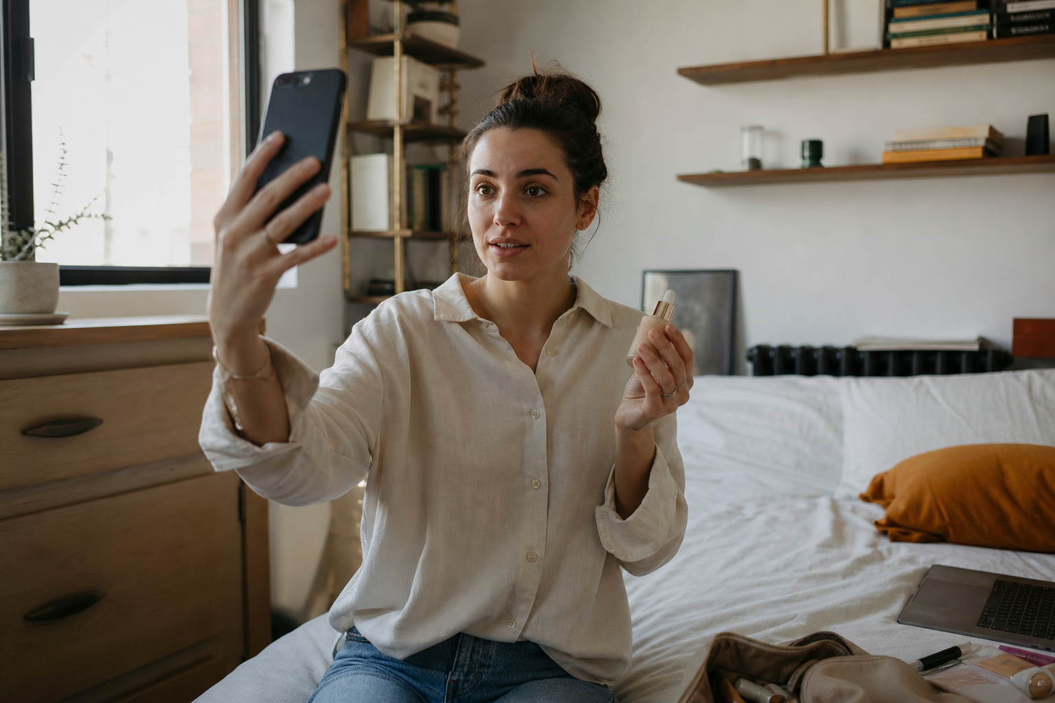 UGC creator filming a product review on her phone at home