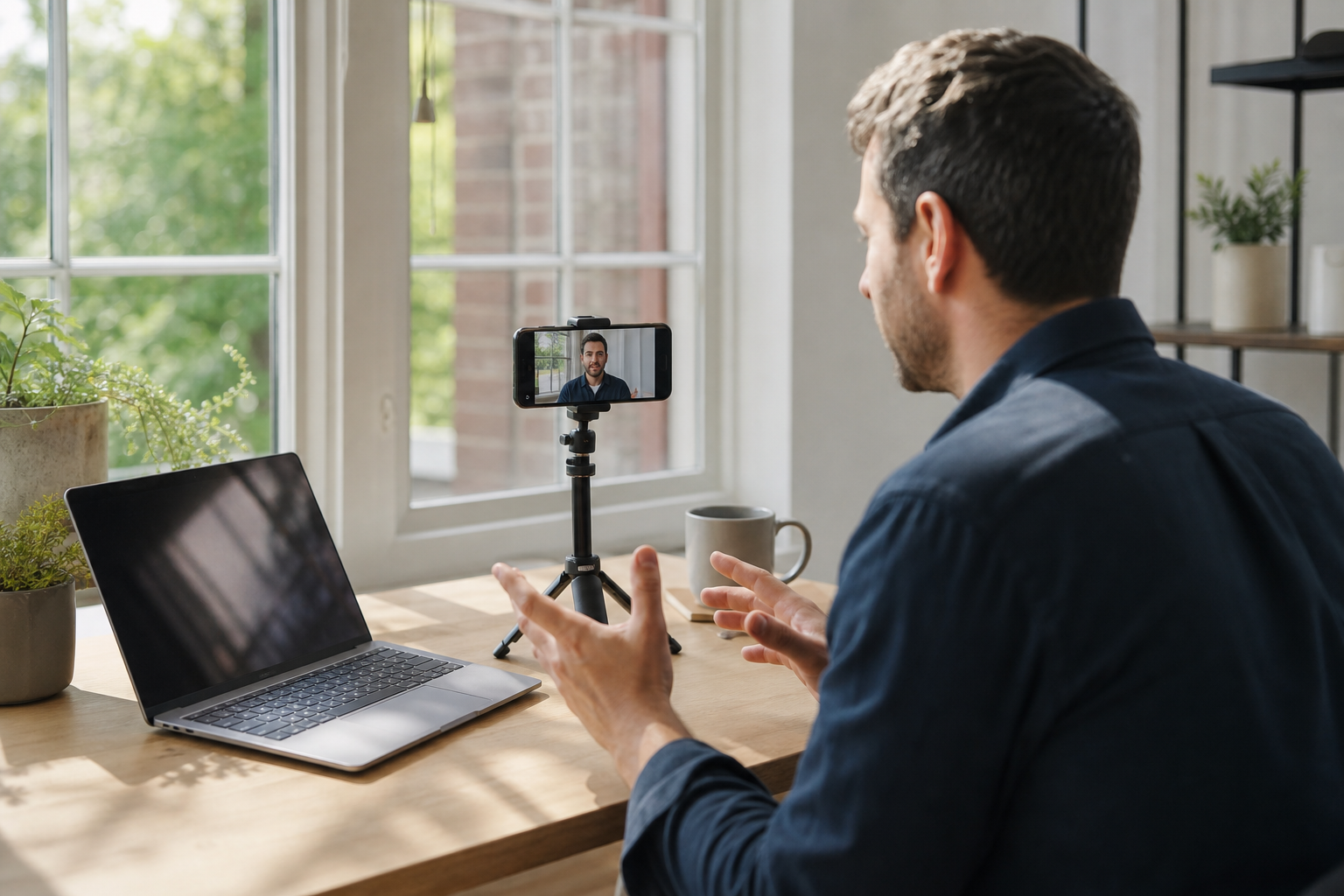Tech UGC creator filming a talking-head video next to a laptop showing an app