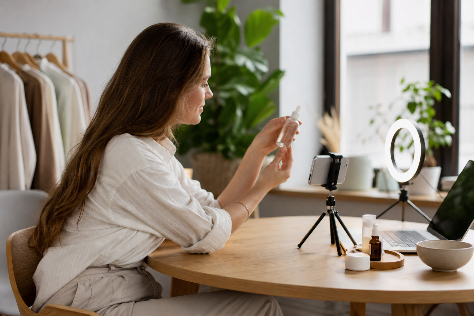 UGC creator filming a product on a phone tripod to build income in her first year