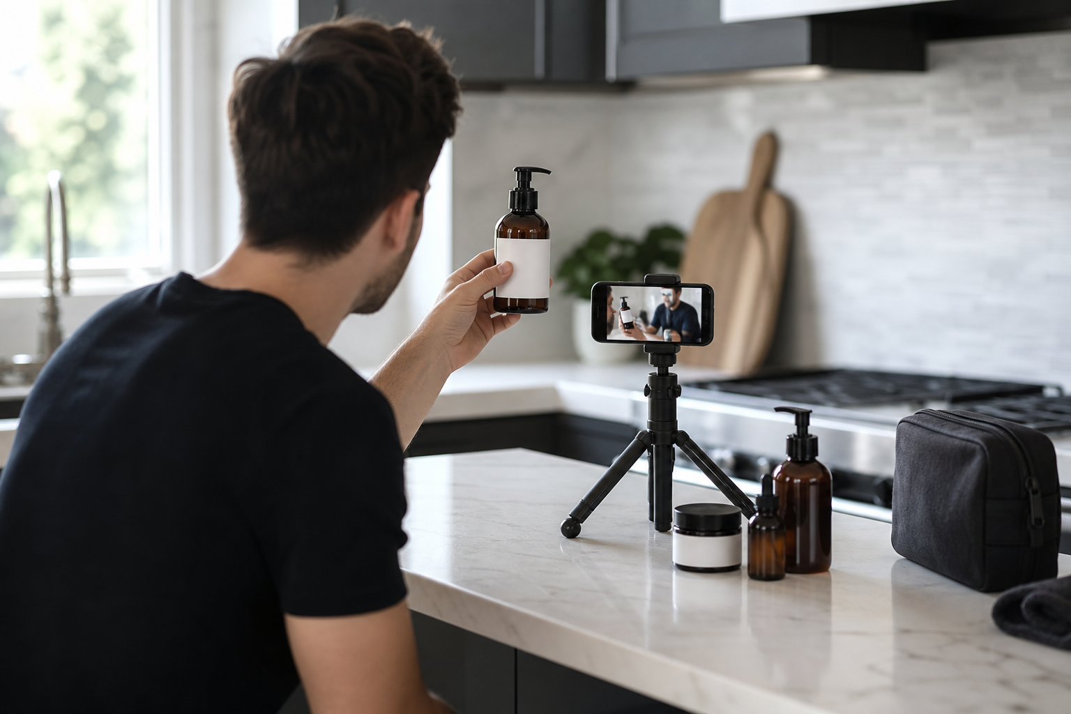 UGC creator filming a product on a phone tripod at the beginner stage